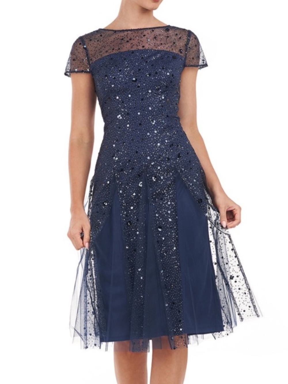JS Collections Alyssa Godet Cocktail Dress Navy Blue Mesh Sequin Sparkle 6